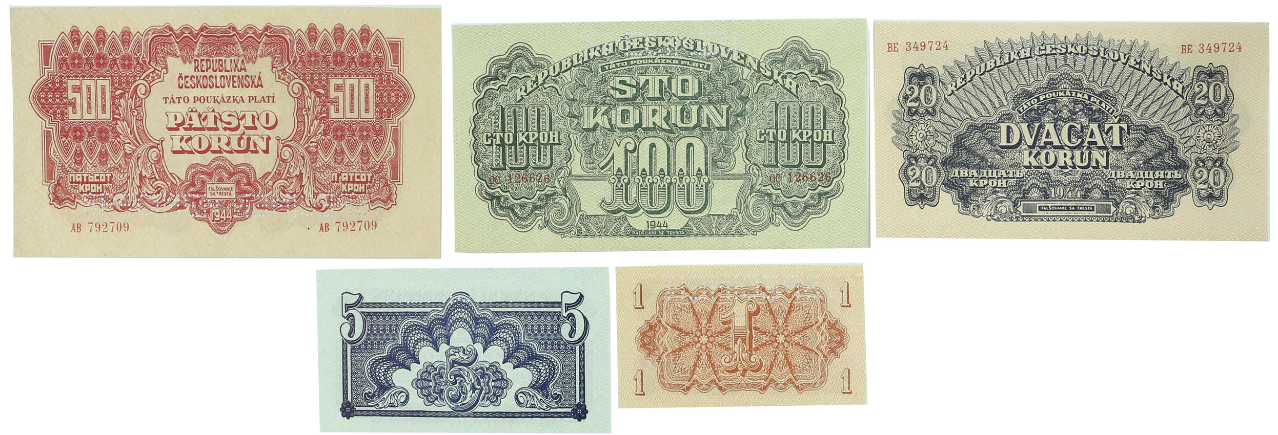 Czechosłowacja. WZÓR SPECIMEN 1-500 koron, zestaw 5 banknotów
